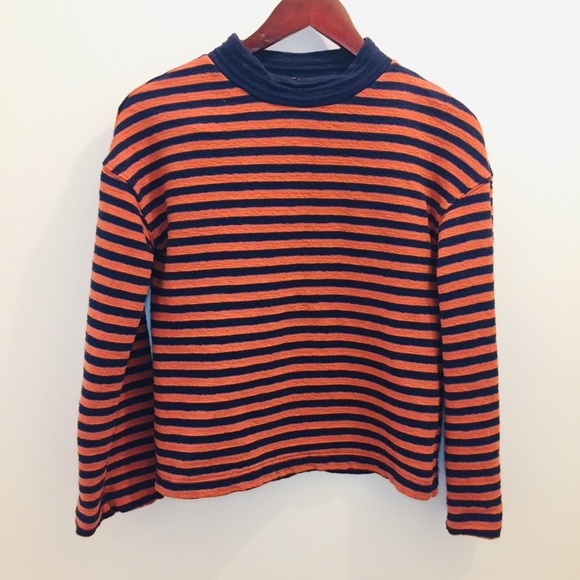 Madewell Striped Mockneck Boxy Top XXS navy blue orange shirt cotton - Picture 2 of 8
